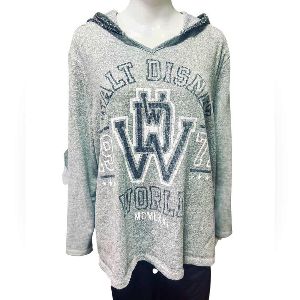 Walt Disney World Women's Pullover Hoodie Sweatshirt Sequin Hood Gray Size 1X